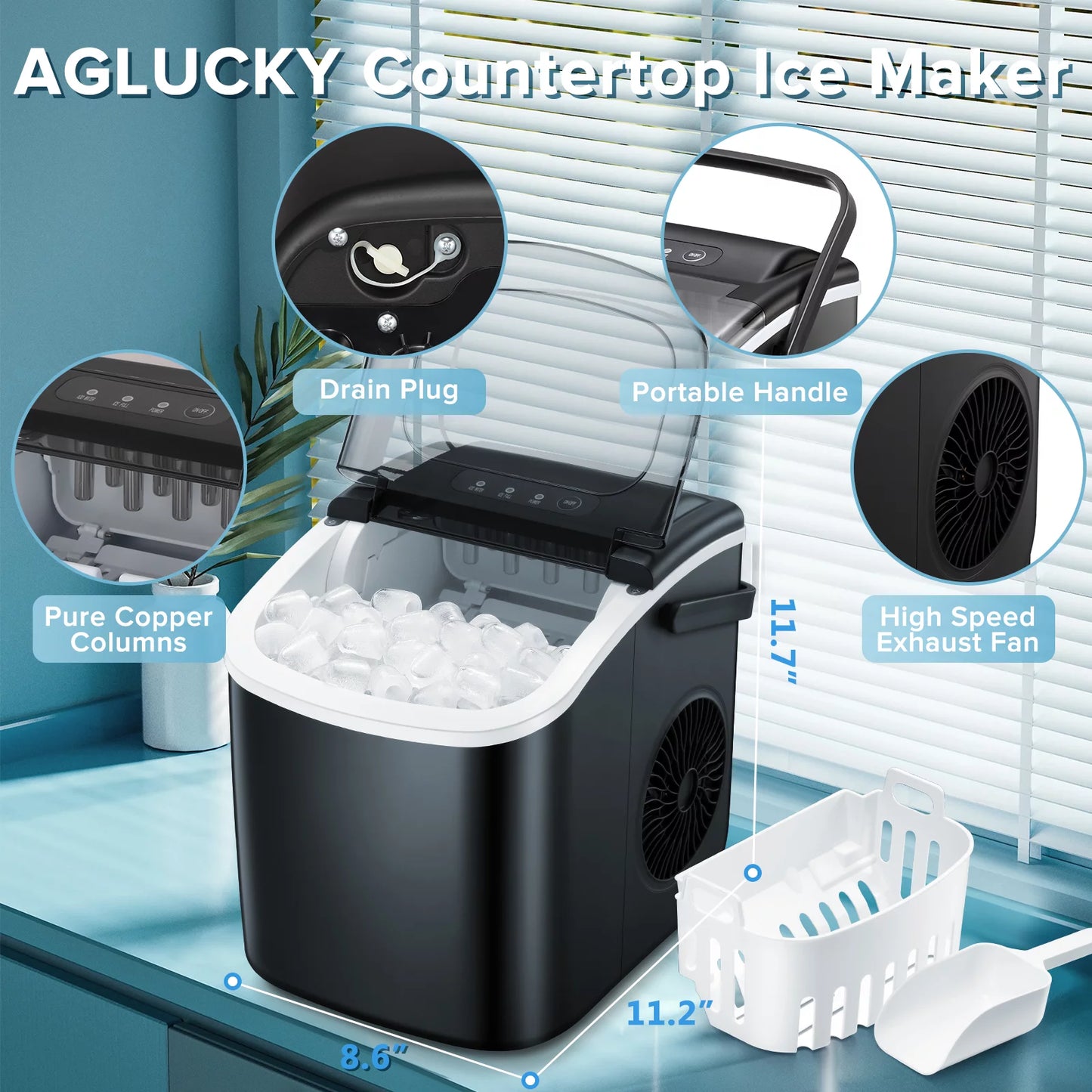 Countertop Ice Maker, Portable Ice Machine with Handle, 26Lbs/24H, 9 Cubes Ready in 6 Mins, One-Click Operation Ice Makers with Ice Scoop and Basket, for Kitchen/Office/Bar/Party (Black)