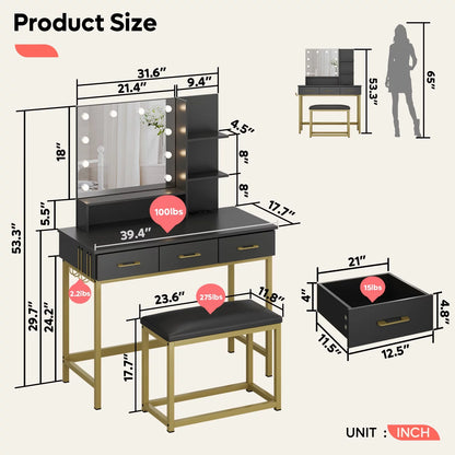 Vanity Set with Lighted Mirror & Power Outlet, Makeup Table with Drawers & Cushioned Stool for Bedroom in in Black